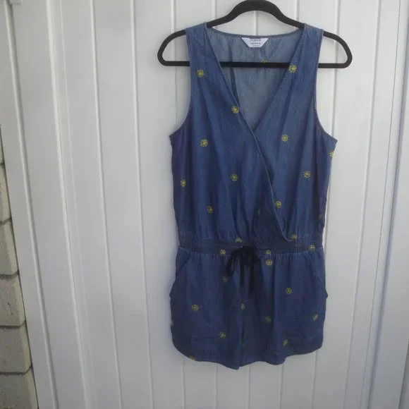 Splendid Gray Malin 100% Cotton Romper Embroidered Printed Romper Blue Med - Picture 4 of 5